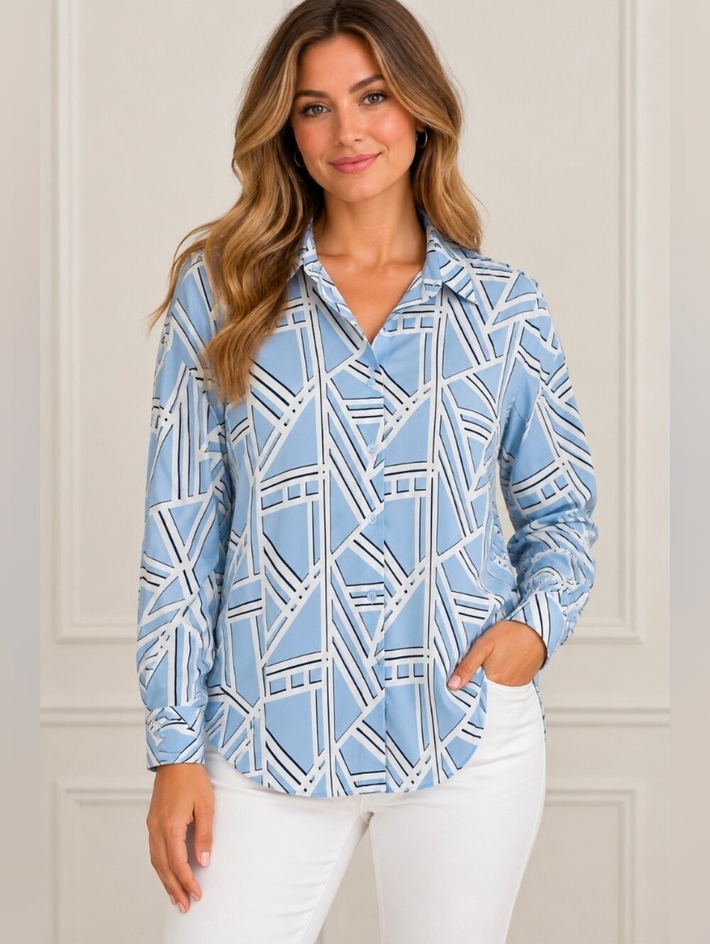 Karl Lagerfeld Light Blue Geometric Button-Up Shirt